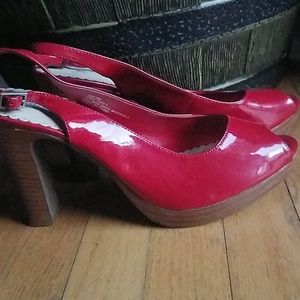 Miss Bisou Red Patent Leather Peep Toe Pumps